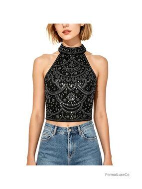 Halter High Neck Sequin Beaded Cropped Cami Sparkly Party Top